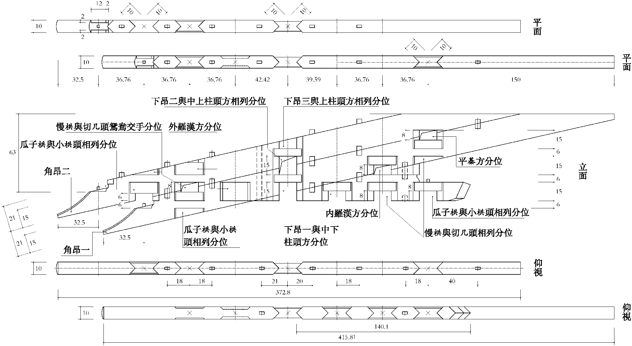 四、八鋪?zhàn)髦貣沓鲭p抄三下昂，裏轉(zhuǎn)六鋪?zhàn)髦貣沓鋈?，並計(jì)心轉(zhuǎn)角鋪?zhàn)鲌D樣二十三